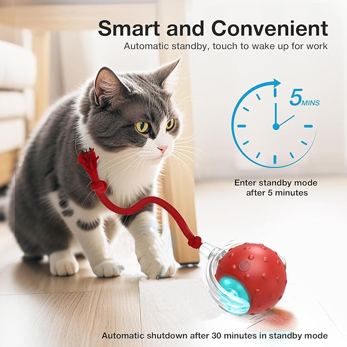 Interactive Cat Toys Ball - 2025 New Gen with Smart Obstacle Avoidance,Bird Chirps & Auto Wake-Up,Includes 1 Speedy Tail 2.0 Ropes, Ideal Kitten Toys for Bored Indoor Cats (Red)