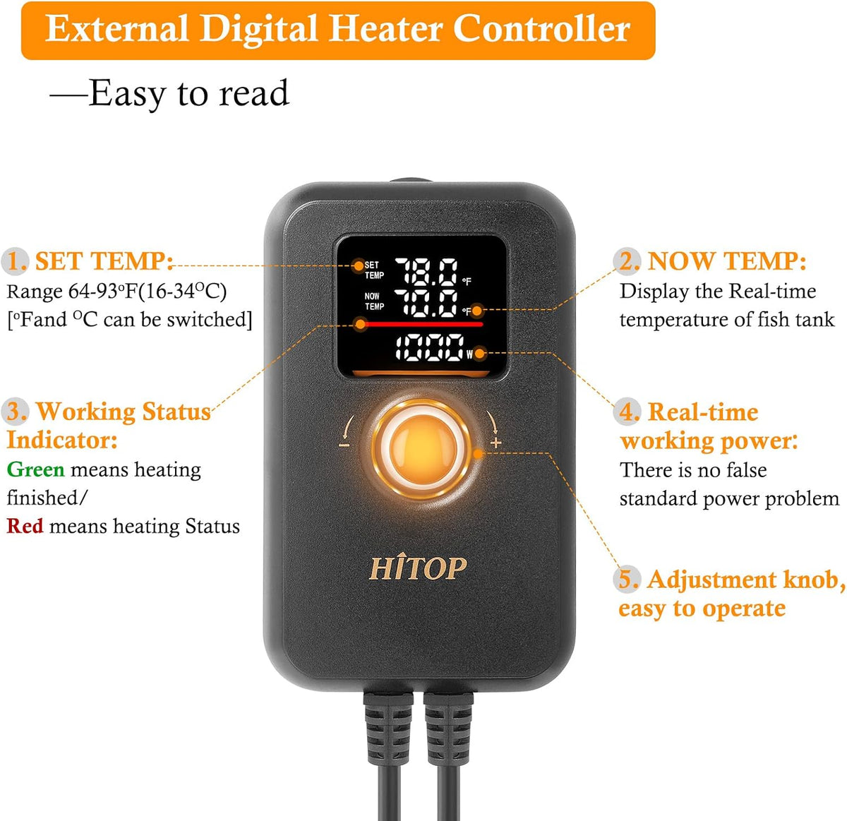 HITOP 1000W Digital Aquarium Heater: Titanium Fish Tank Heater - 1000W - image 3