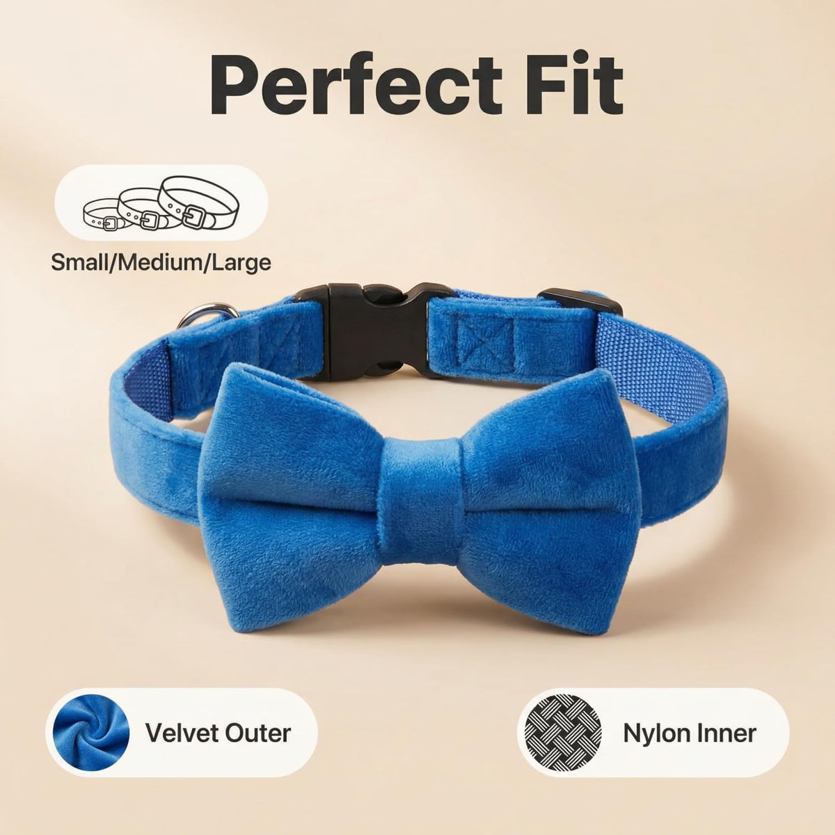 Dog Collar with Bowtie Soft Velvet Material with Quick Release Buckle - M / Royal Blue - image 2