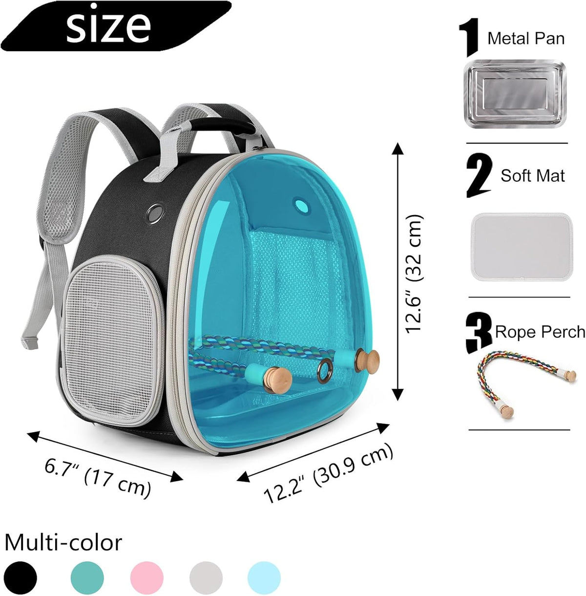 Small Bird Travel Backpack Carrier Cage - Blue / Tint Bubble + Tray - image 2