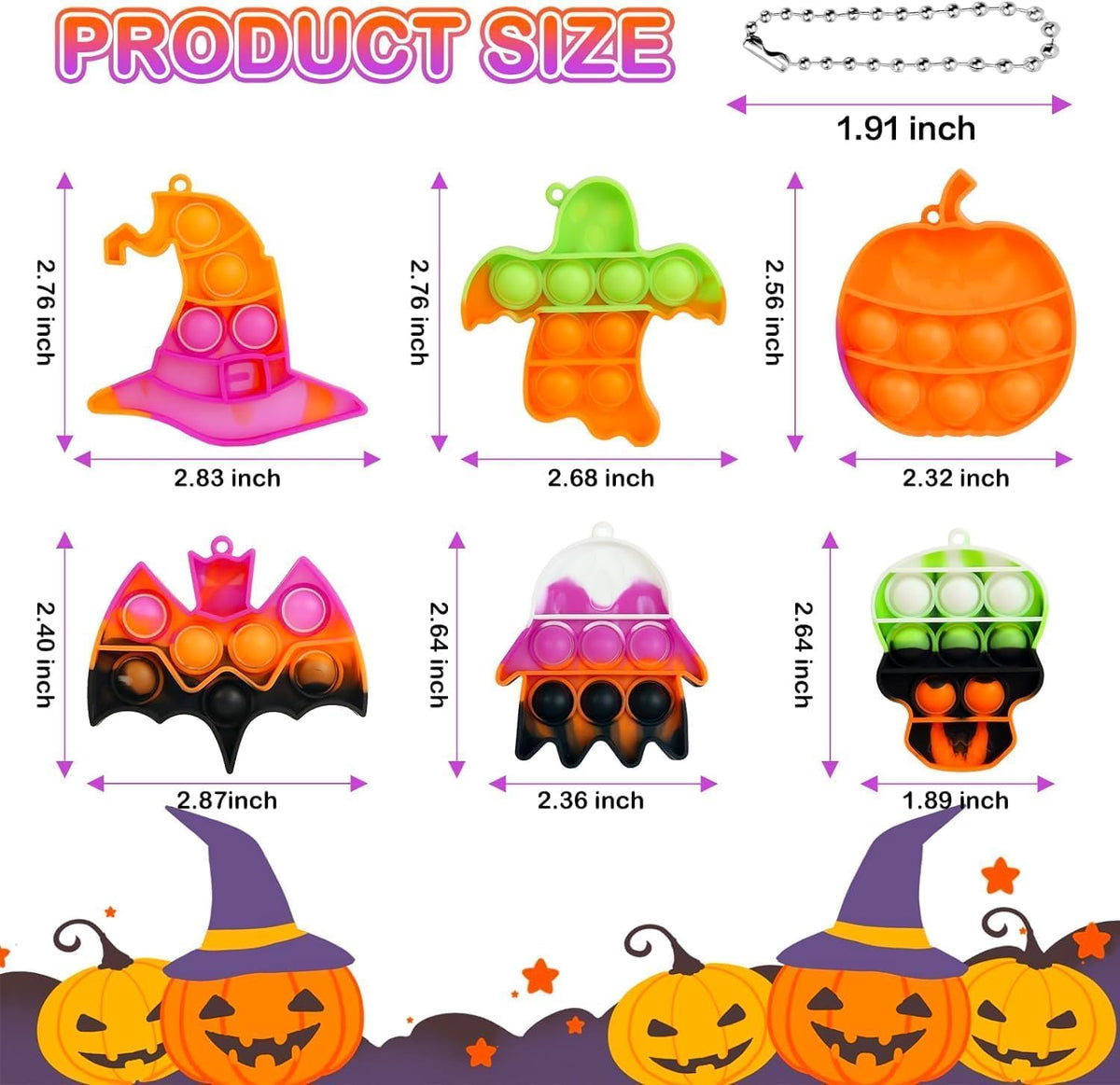 JDSTY 24-pack Halloween mini pop fidget toys in bat, ghost, pumpkin and witch hat shapes - view 2