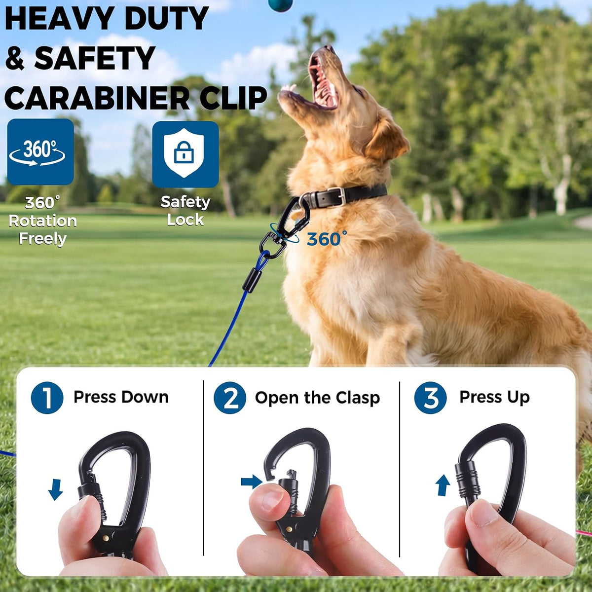 Tie Out Cable for Dogs, 50FT Dog Leads for Yard Chew Proof, Heavy Duty Leash for Large Dogs Up - 250lbs / 100ft / Blue - image 2