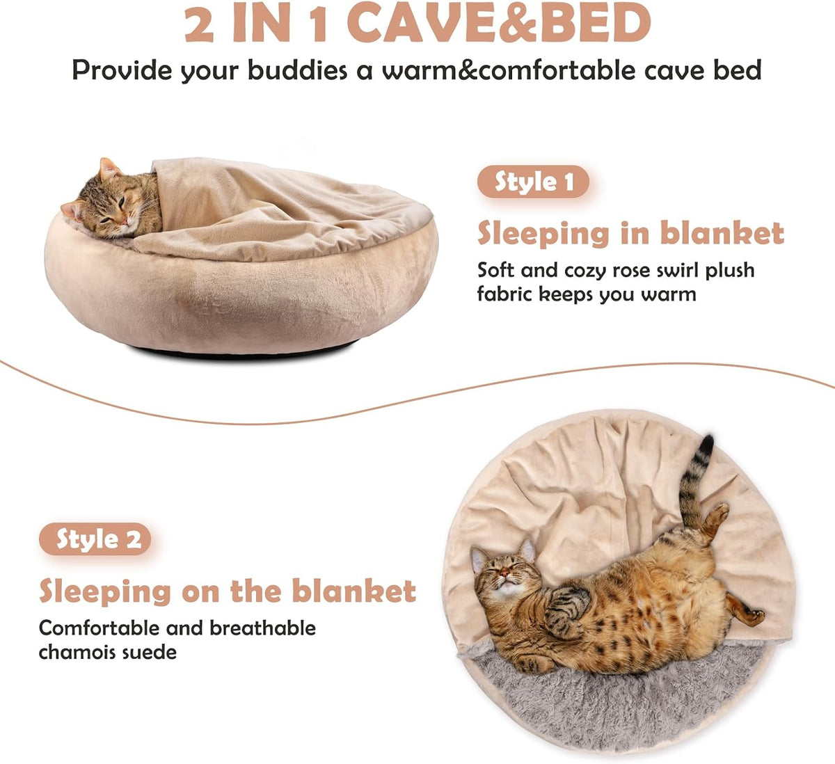 JOEJOY Small Dog Bed Cat Bed with Hooded Blanket - S(23" x 23" x 7") / Beige - image 4