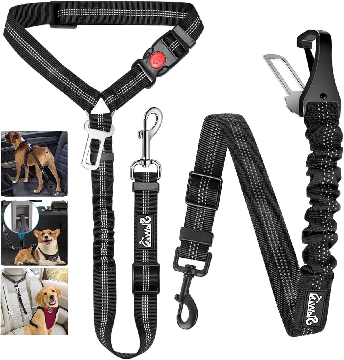 Lukovee Dog Seat Belt, 3-in-1 Headrest & Seatbelt Clip & Latch, 2 Pack – Essentials for Dogs - B-Black / A- Headrest with Clip + 2 in 1 Seat Belt