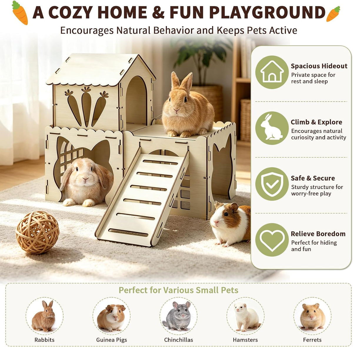 Large Wooden Bunny Hideout - 3 House and 1 Ladder - image 3
