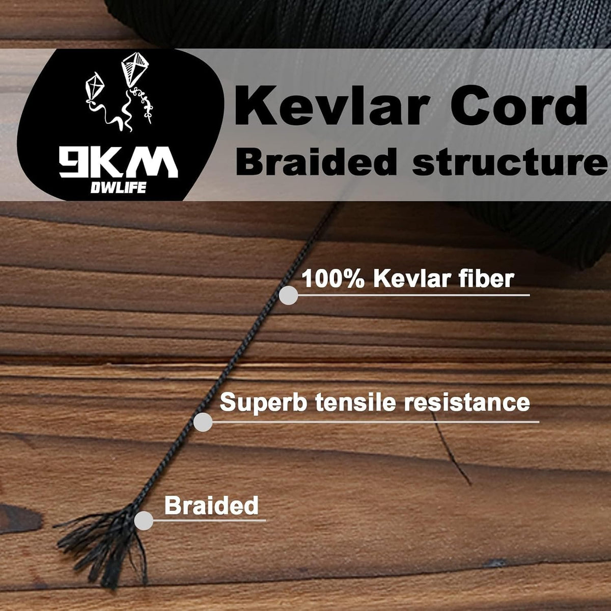 9KM DWLIFE kevlar kite string spool, heavy duty hollow braided cord - view 3