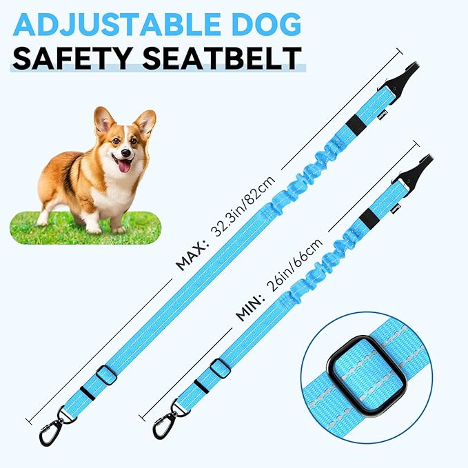 Pawaboo 2Pack Dog Seatbelt for Car, 3-in-1 Dog Seat Belt Bungee, Shockproof Dog Tether for Car with Buckle & Hook Latch, Adjustable Reflective Dog Car Harness Leash with 360° Lockable Buckle, Blue