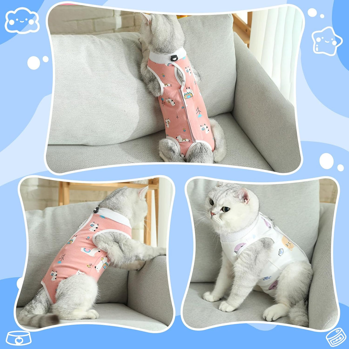 Coppthinktu cat recovery suit onesie with Velcro back and fun patterns - view 4
