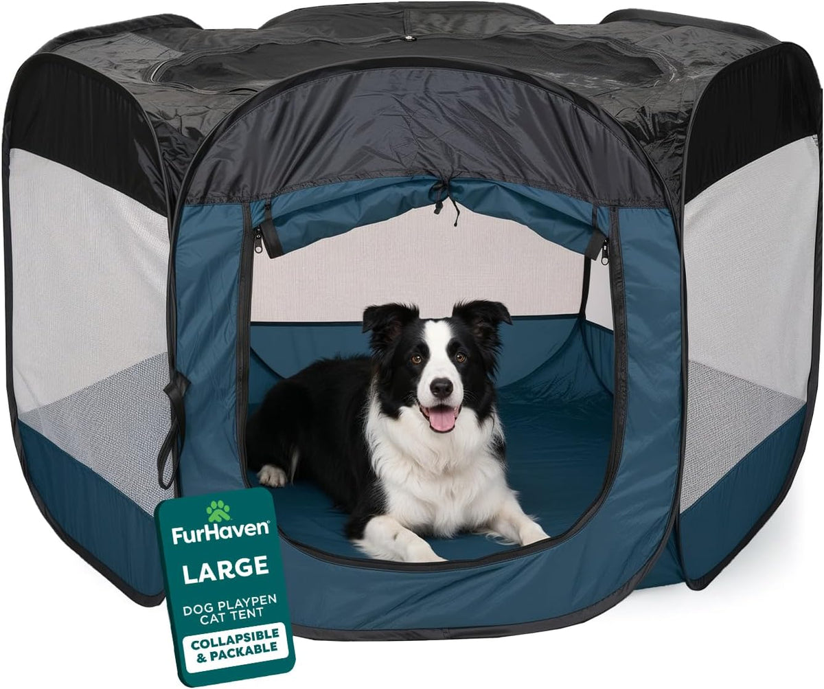 FurHaven Soft-Sided Dog & Cat Playpen - Sailor Blue / Large