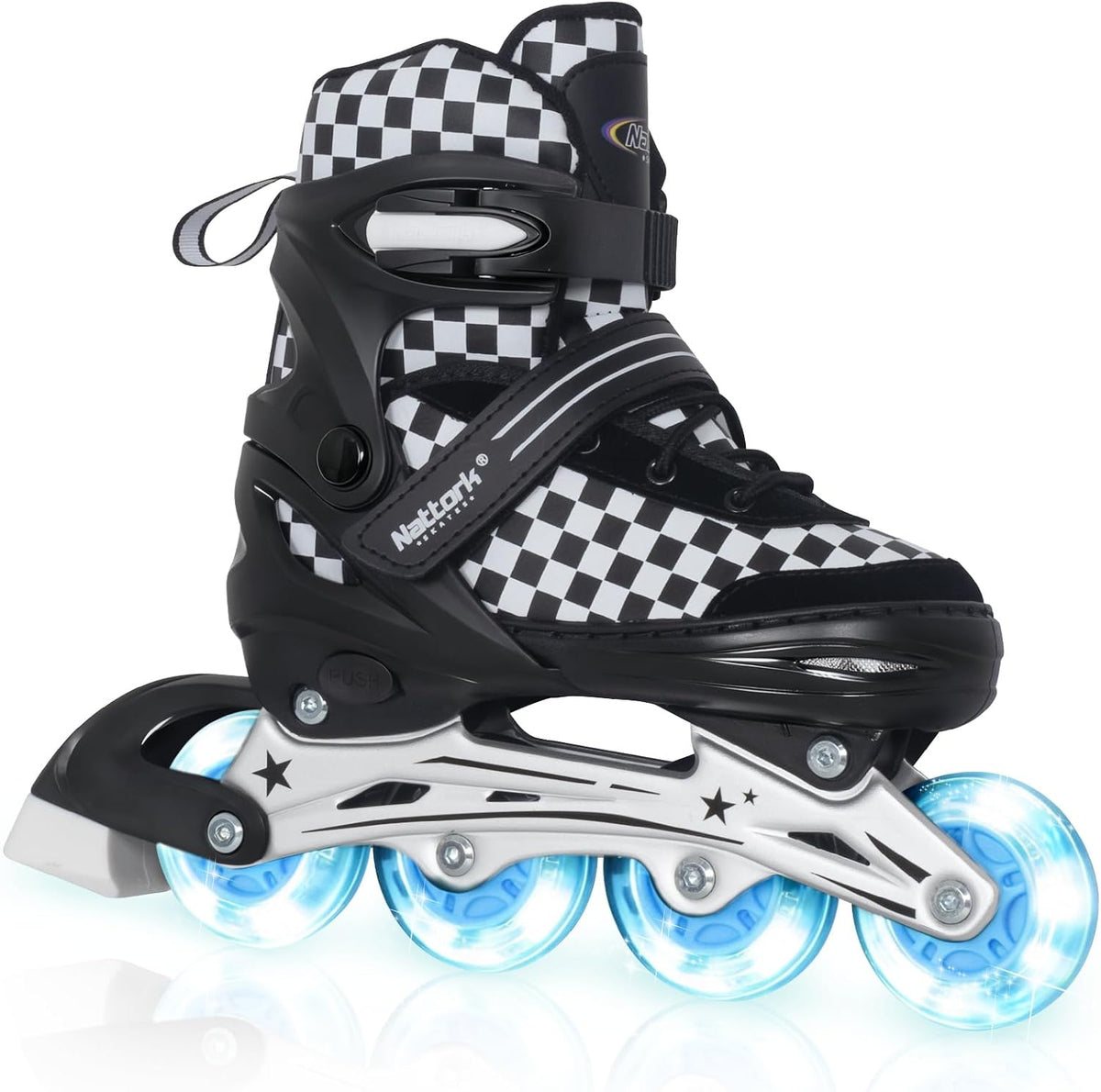 Nattork adjustable inline skates for kids with light-up wheels and checkerboard upper