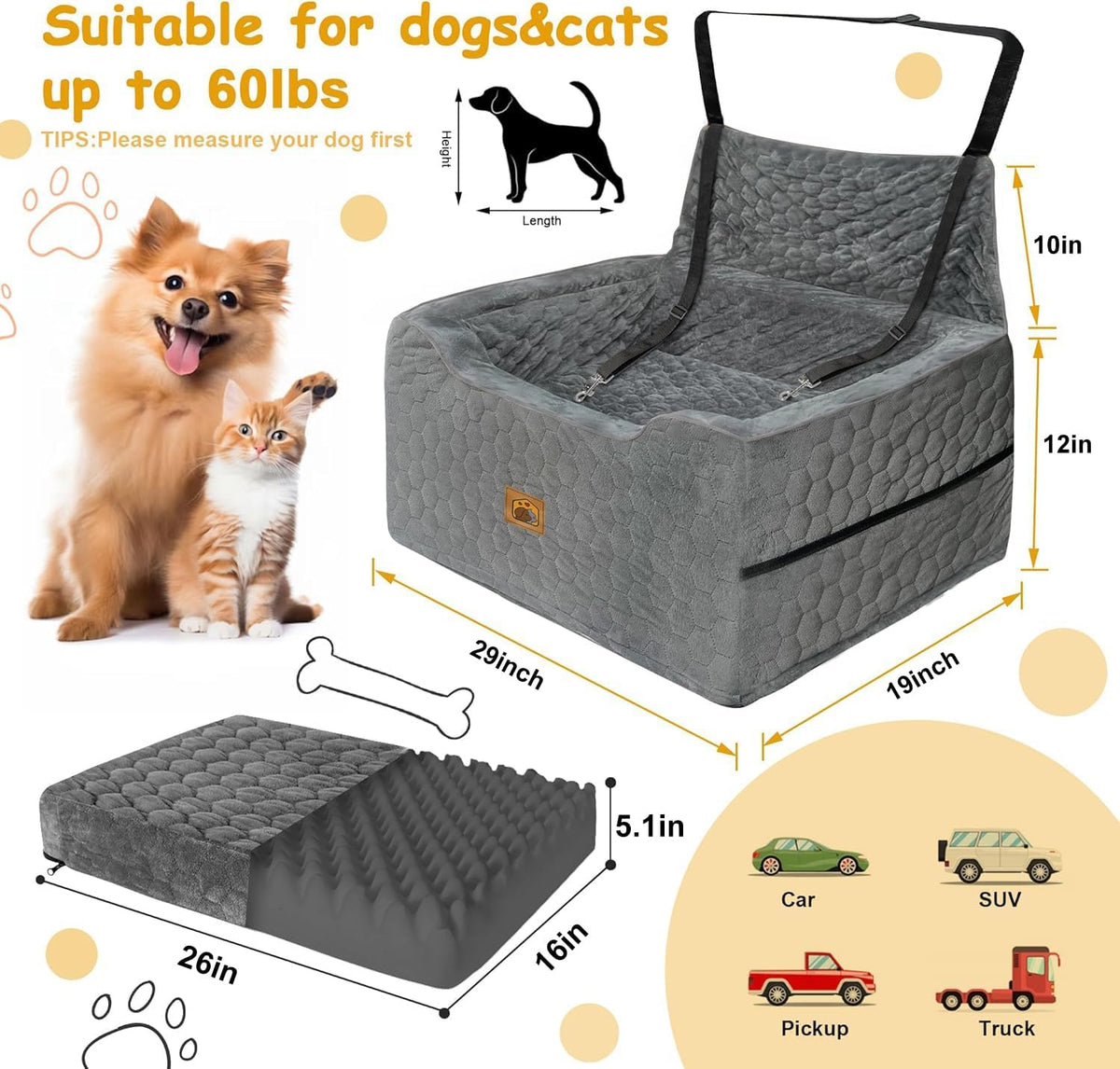 Dog Car Seat for Small/Medium Dogs, Memory Foam Dog Booster Seat - Gray / Large - image 2