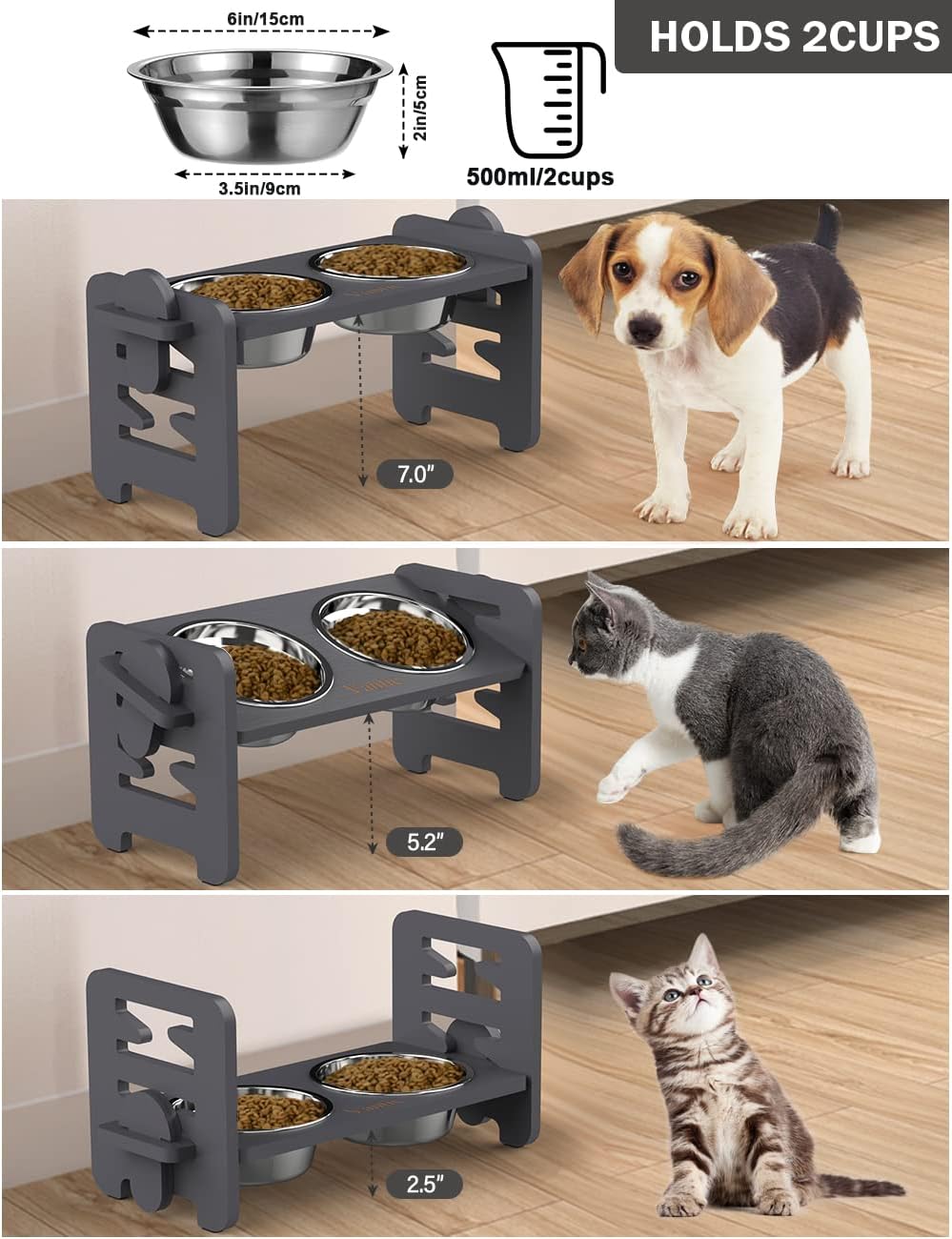 Elevated Dog Bowls, Raised Dog Bowl Stand Adjustable Small - Gray / Small / Without Mat - image 2