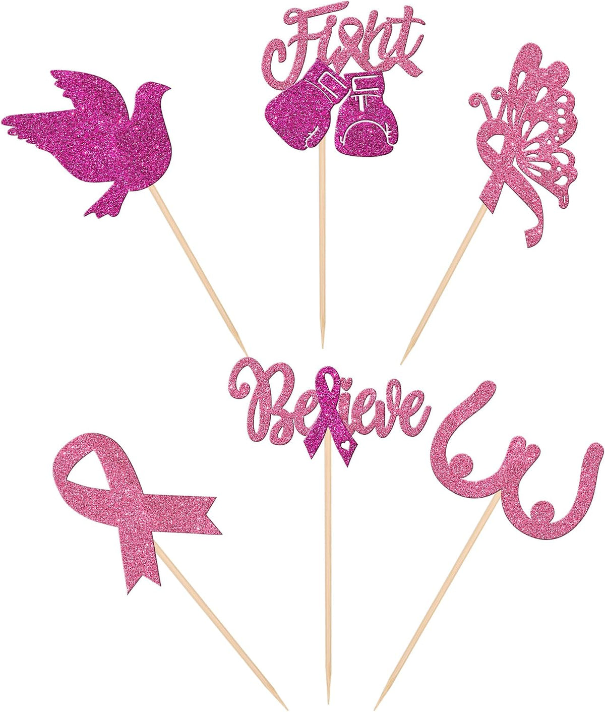 24 PCS Ribbon Breast Cancer Awareness Cupcake Toppers Glitter Pink - Design 3 - image 3