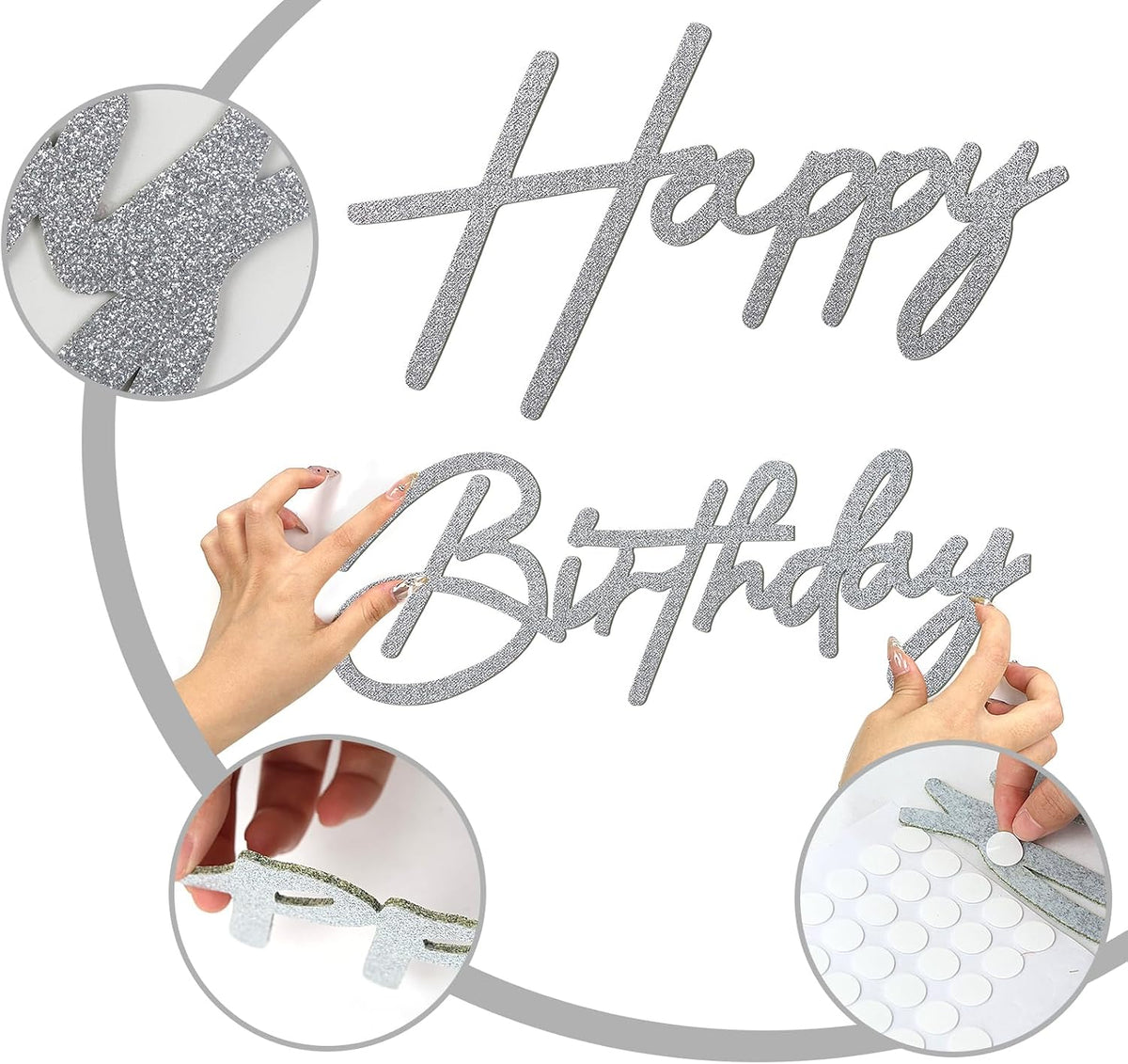 Happy Birthday Sign for Backdrop - Felt / Glitter Silver - image 4
