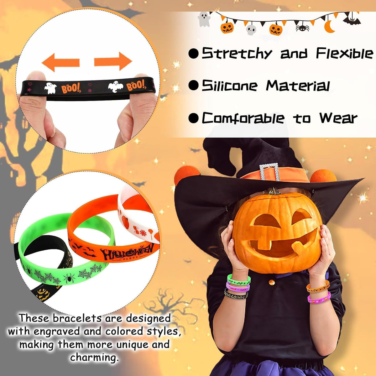 JUNEBRUSHS 24pcs Halloween Silicone Bracelets - Halloween Style B - image 4