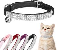 BINGPET Diamond Cat Collar with Bell, Adjustable Kitten Collar - Black(Rhinestones) / Neck Girth 8"-10"