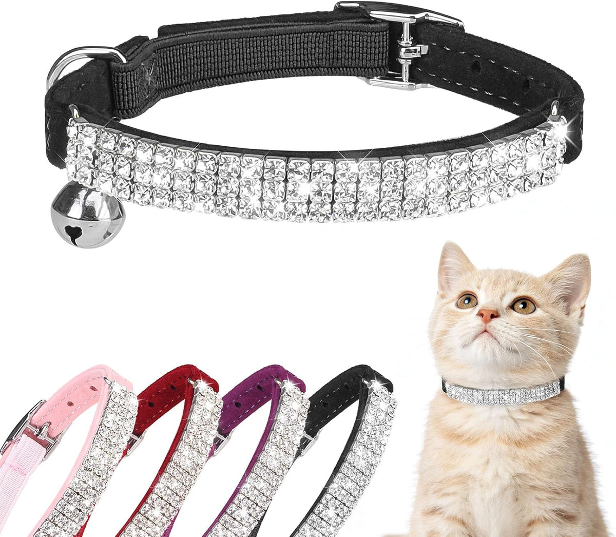 BINGPET Diamond Cat Collar with Bell, Adjustable Kitten Collar - Black(Rhinestones) / Neck Girth 8"-10"
