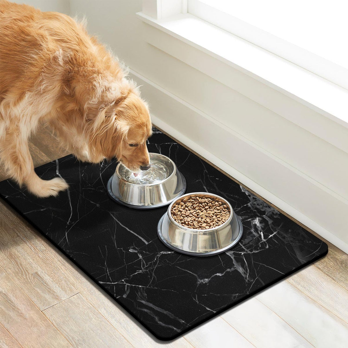 Dog Food Mats for Floors Absorbent, Pet Cat Food Mat - XL(24"×32") / Marble Black - image 2