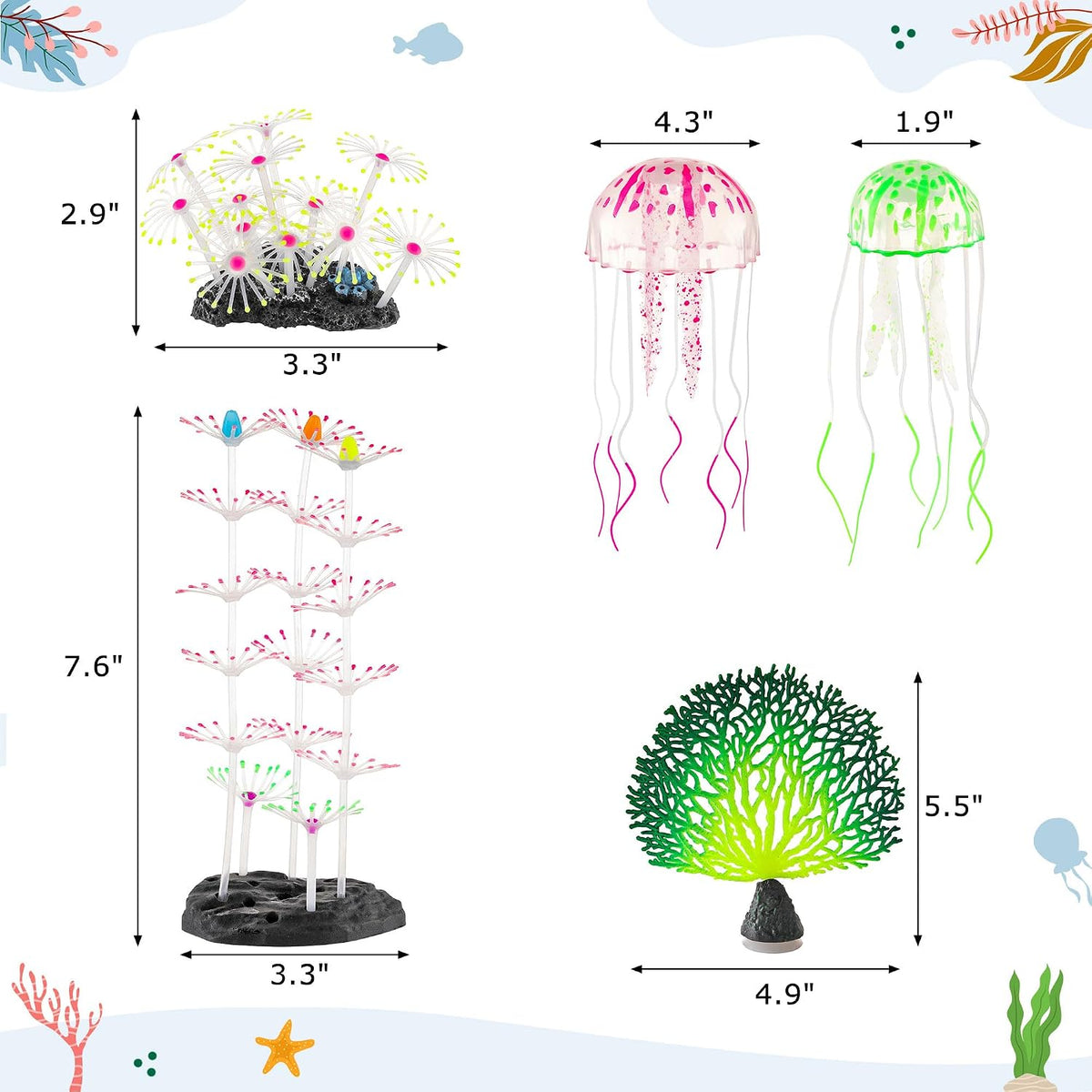 4 Pack Glow Aquarium Decorations Coral Reef Glowing Mushroom Anemone - 5 Pcs(branch Coral+coral Tree+coral And+2x Jellyfish) - image 3
