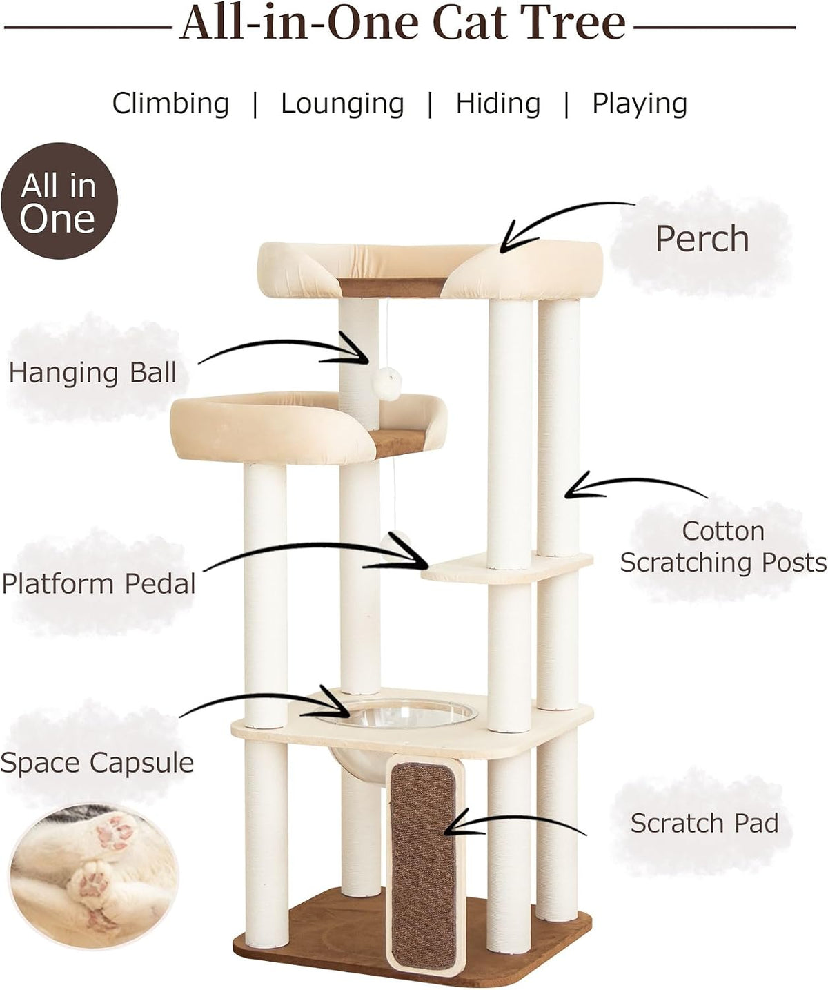 37.5" Cat Tree Tower for Large & Senior Cats, Low-Step Design – Essentials for Cats - White 53'' - image 3