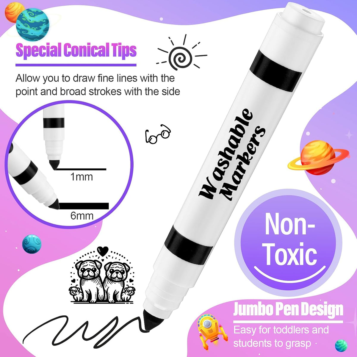 Janlaugh washable markers bulk pack of 24 broad line markers with conical tips - view 22