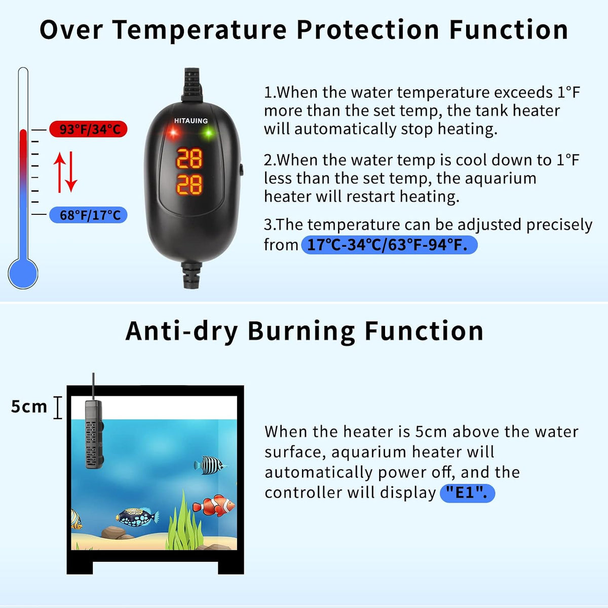 HiTauing Aquarium Heater, 50W/100W/200W/300W/500W Submersible Fish Tank Heater - 50W - image 2