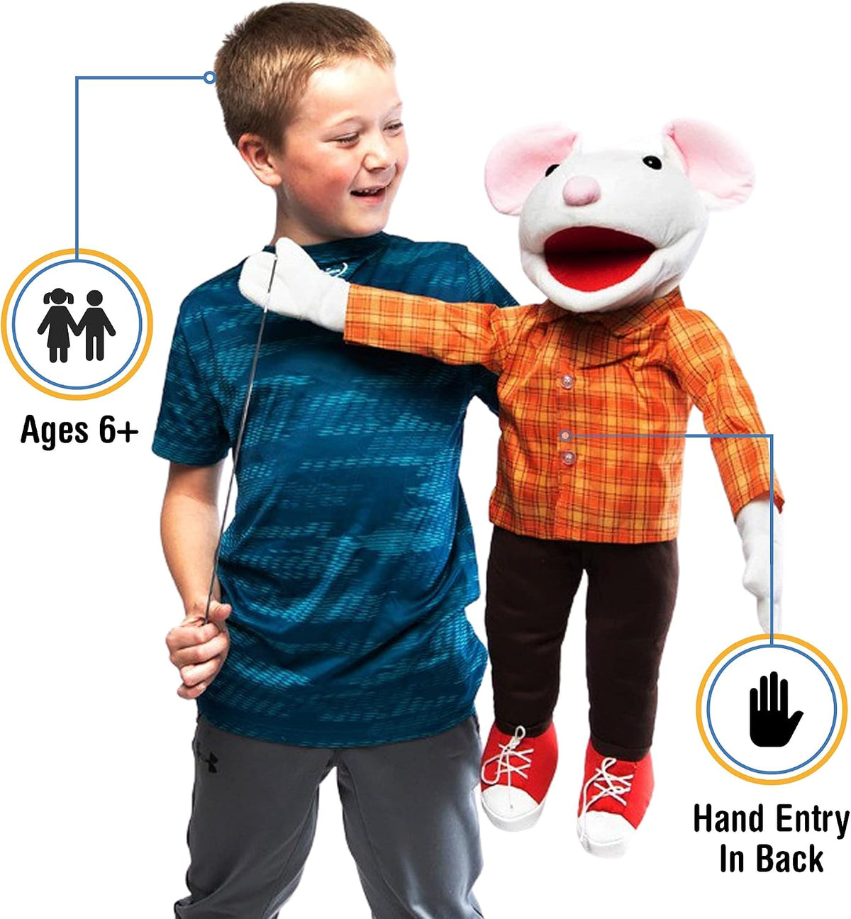 Silly Puppets 25 inch full body ventriloquist style mouse puppet with sneakers and arm control rod