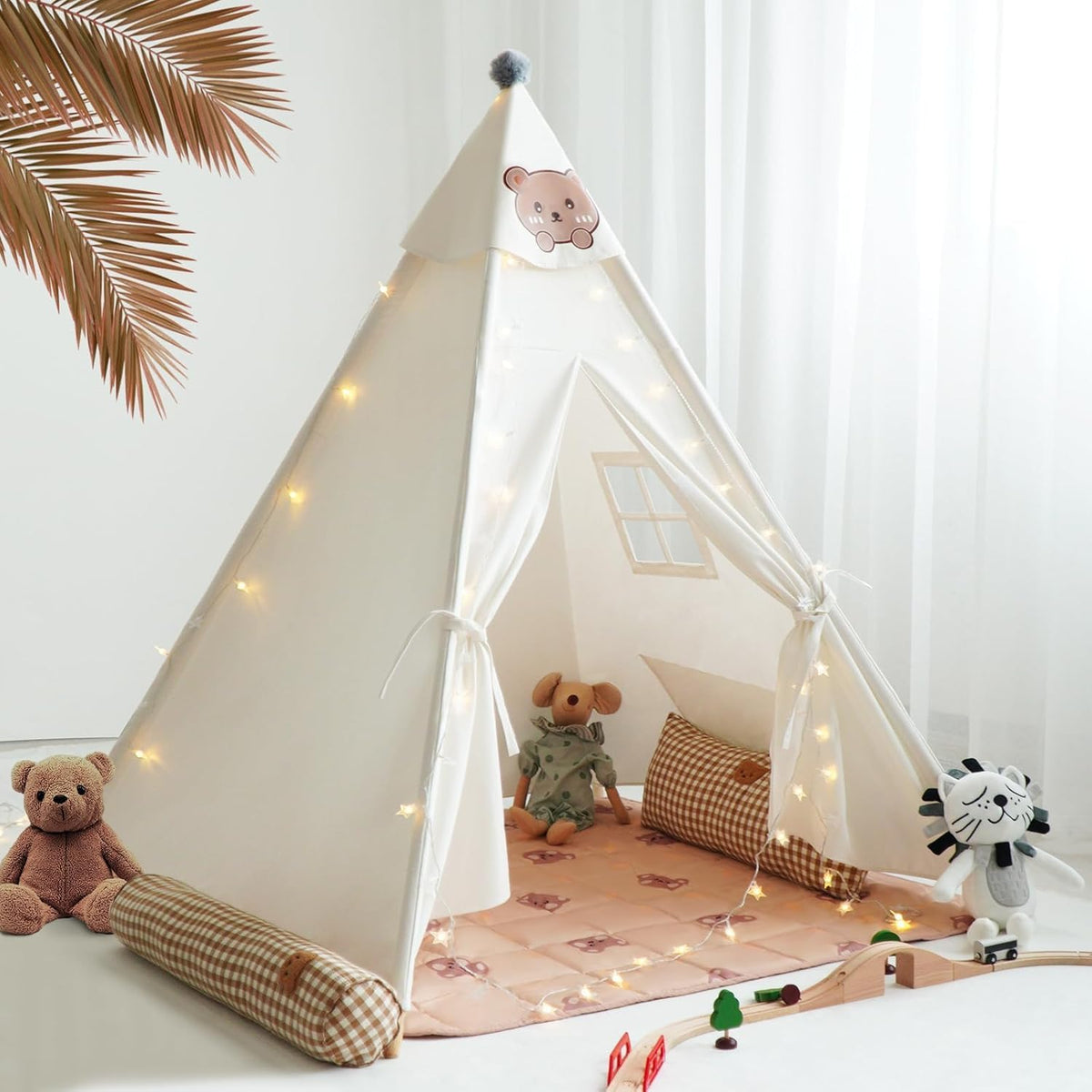 RongFa white canvas teepee tent for kids with wooden poles, flap door and mesh window - view 5