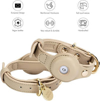Cupertino Dog Collars, Harnesses & Leashes Made from Vegan Leather with Dog Tracker Device Holder Adjustable Dog Collar (Medium, Beige)