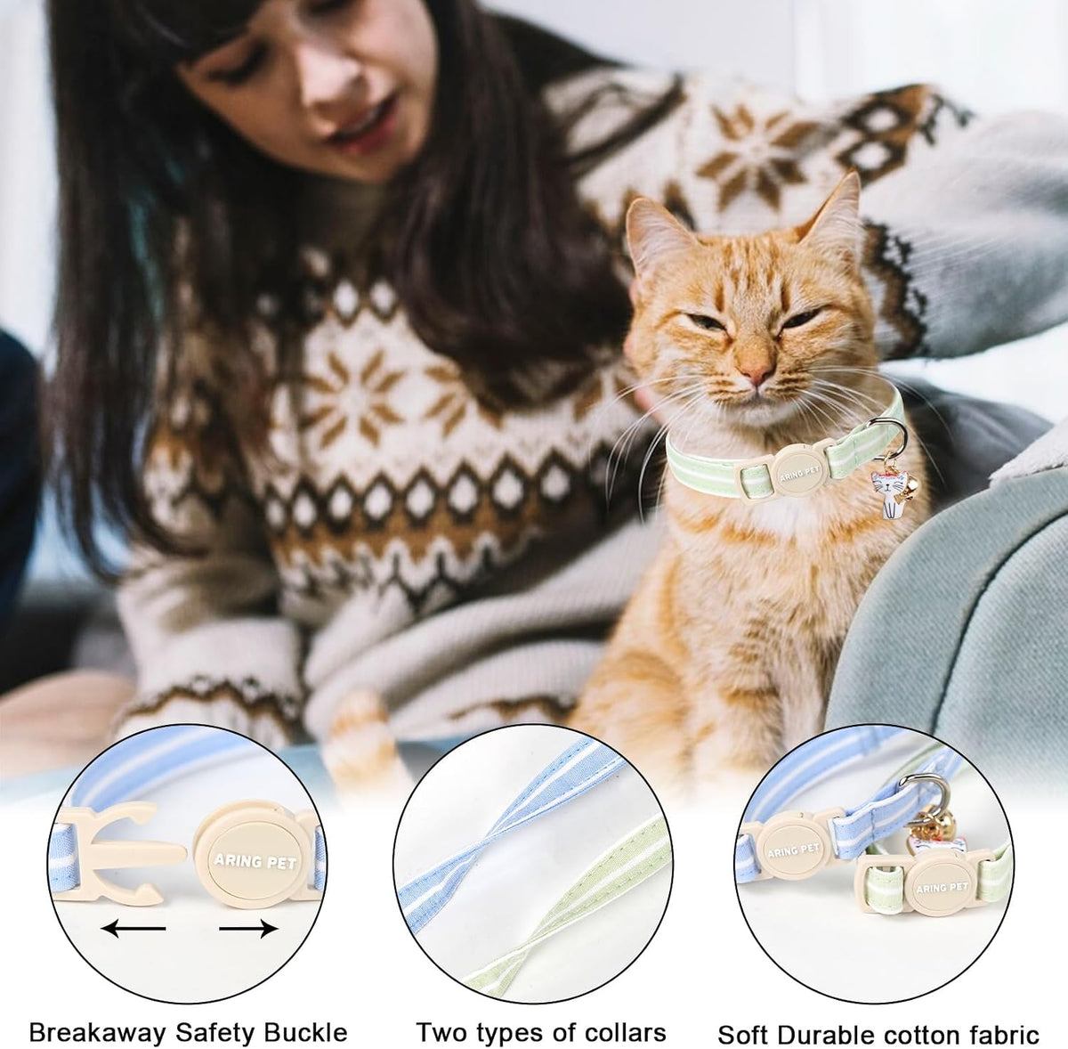 ARING PET 2 Pack Cat Collar-Cute Cotton Cat Collar Breakaway - Blue & Green Striped - image 2