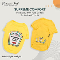 Parisian Pet Dog Shirt - Embroidered “Mustard on My Food“ - 100% Cotton and Polyester Dog Clothes - Sleeved, Lightweight Costume for Dogs - Yellow Dog Shirts for Medium-Sized Dogs - Pet Costumes - M