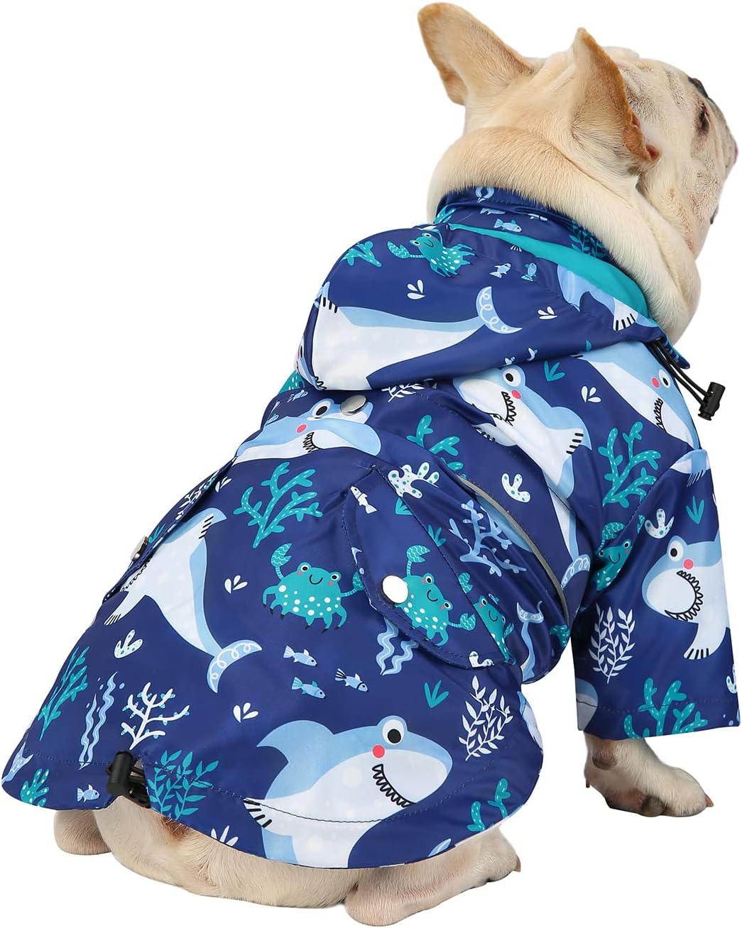 HDE Premium 2-Layer Zip Dog Raincoat Poncho w/Leash Hole & Hood - Small / Sharks - image 3