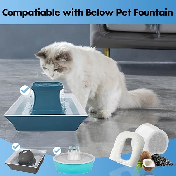 16 Pack Cat Water Fountain Filters Replacement, 8 Carbon Filters and 8 Foam Sponge Pre-Filter Fit for Multiple Ceramic and Stainless Steel Pet Fountains