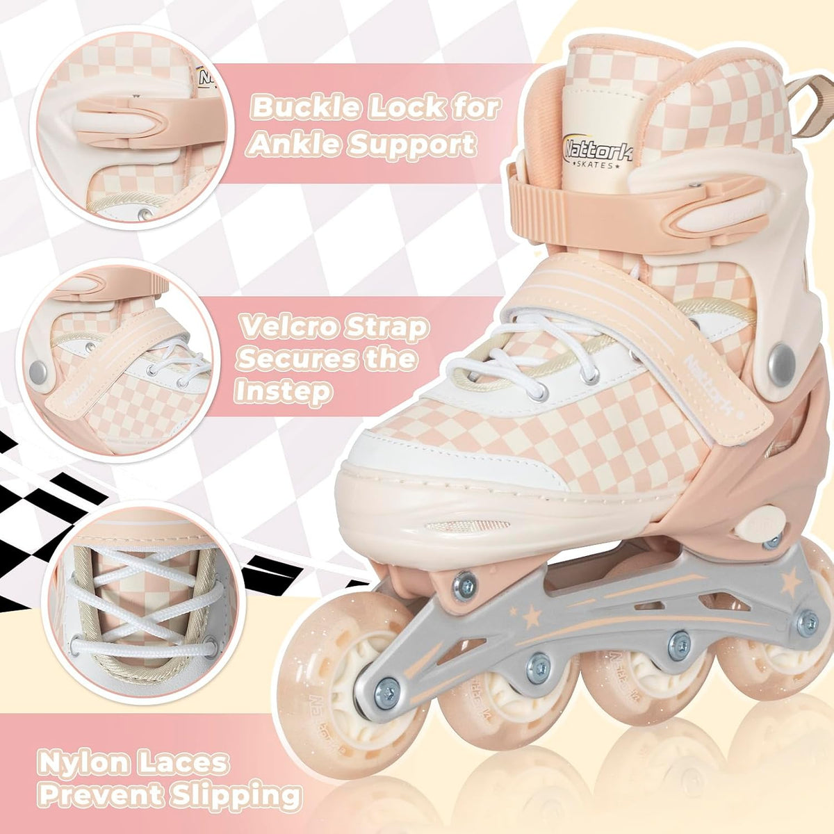 Nattork adjustable inline skates for kids with light-up wheels and checkerboard upper - view 15