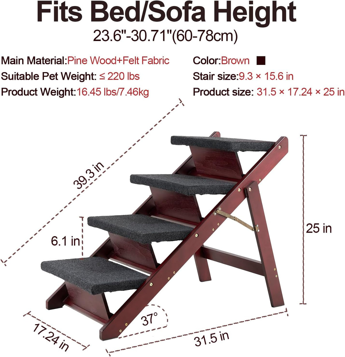 MEWANG Wooden Pet Stairs - 2 Step Foldable Ramp for Senior Dogs & Cats – Essentials for Dogs - 4 Steps – For Standard & High Beds (23–31 in) / 4 / 31.5" L x 17.2" W x 25.0" H - image 2