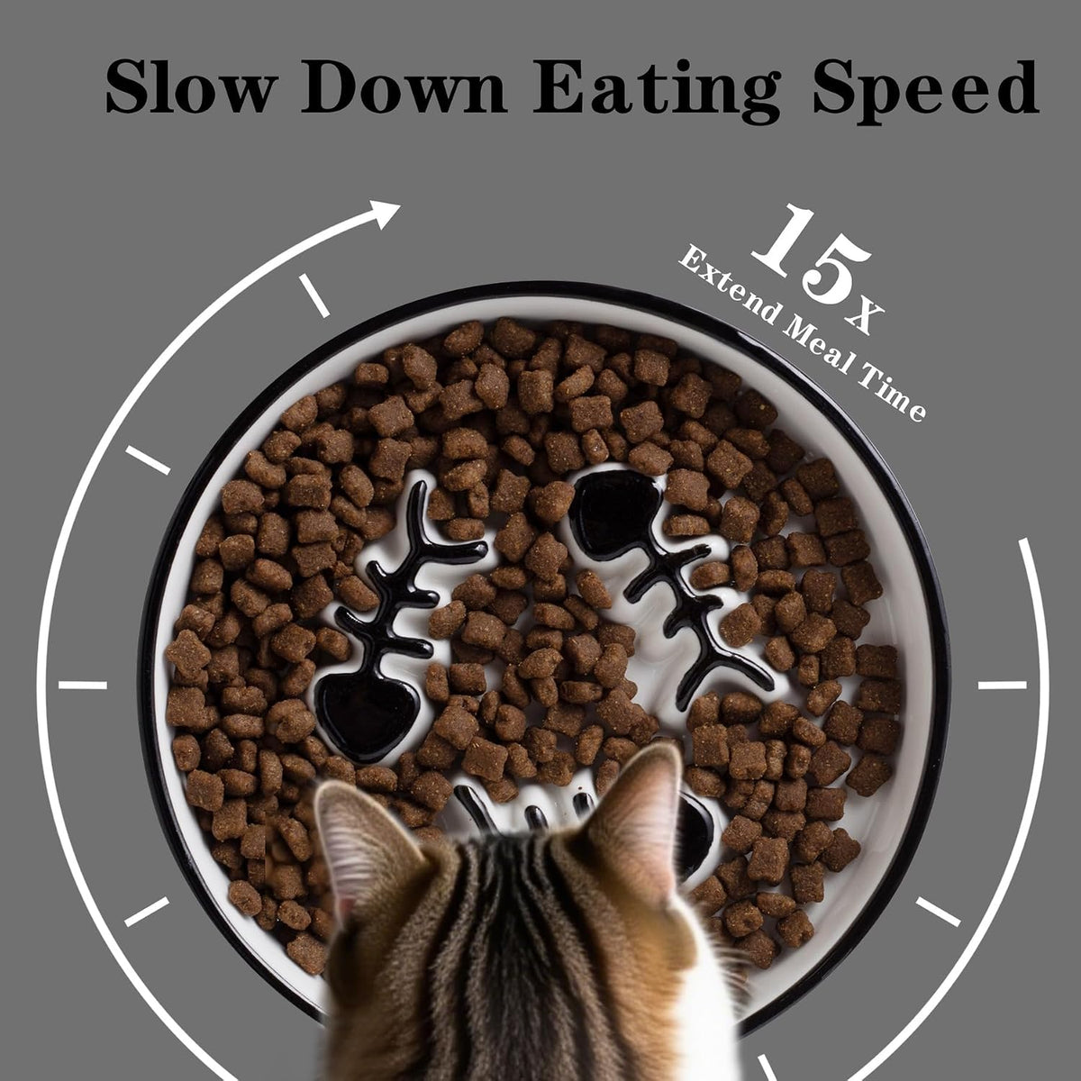 Ceramic Elevated Slow Feeder Cat Bowl, Anti Vomit - 2PCS Black Plates - image 2