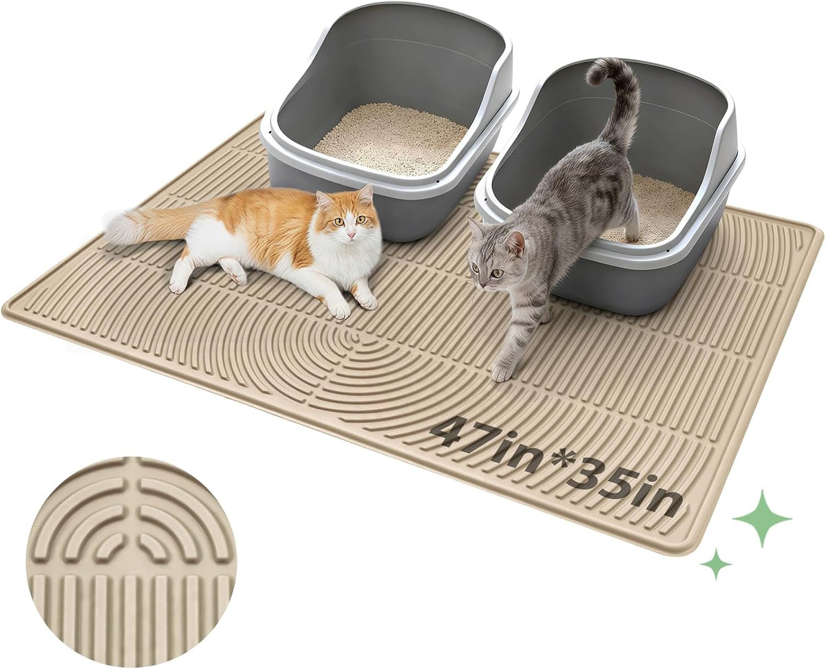 Cat Litter Mat,47" x 35" Extra Large Silicone Waterproof Litter Trapping Mat for Scatter Control - 47" x 35" / Khaki