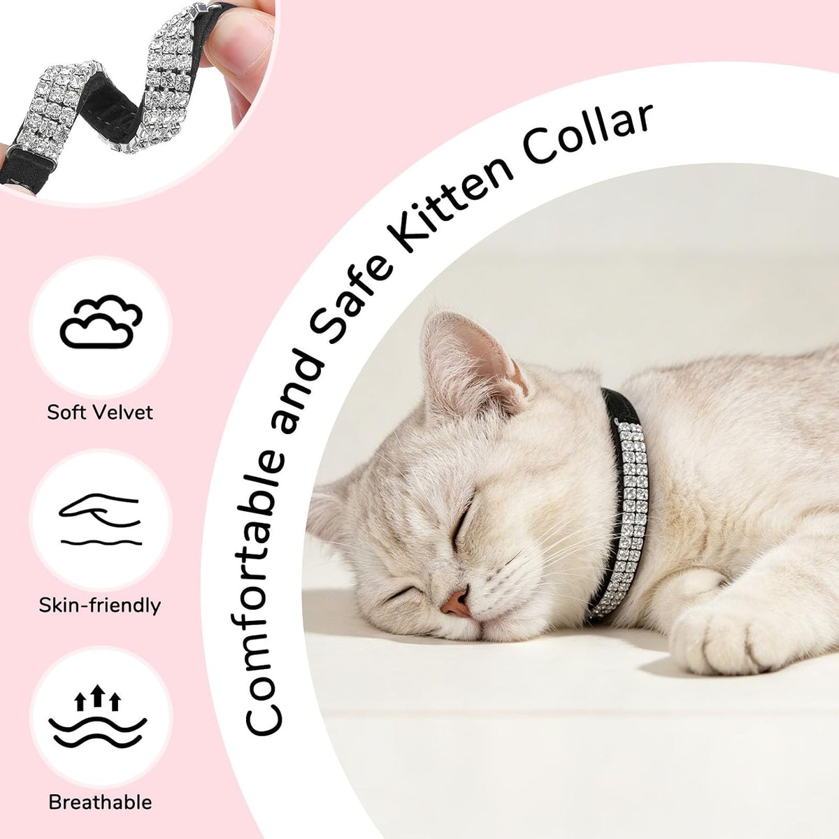 BINGPET Diamond Cat Collar with Bell, Adjustable Kitten Collar - Black(Rhinestones) / Neck Girth 8"-10" - image 2
