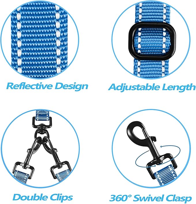 PetBonus Double Dog Leash, No Tangle Dual Leash, Reflective Walking Training Lead, 4 Comfortable Padded Handles for 2 Dogs with Collapsible Bowl and Waste Bags (Light Blue, Large)