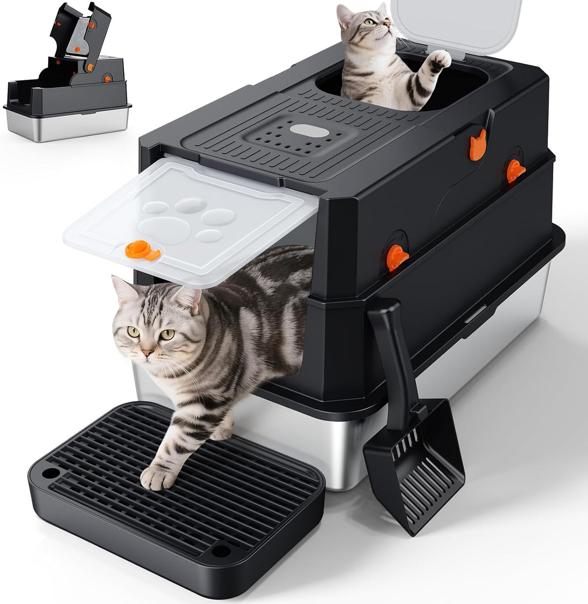 FURTIME Stainless Steel Litter Box with Lid - X-large / Black