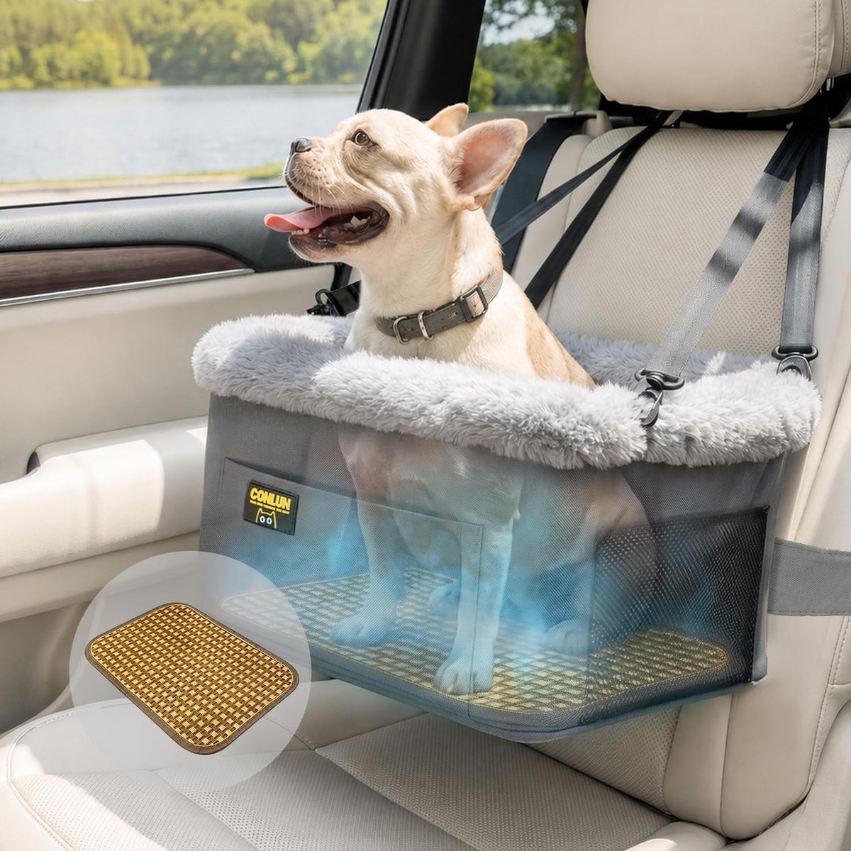 Conlun Dog Car Seat Booster, Steel Frame Anti-Collapse - Grey / Dog Car Seat+Cooling Mat