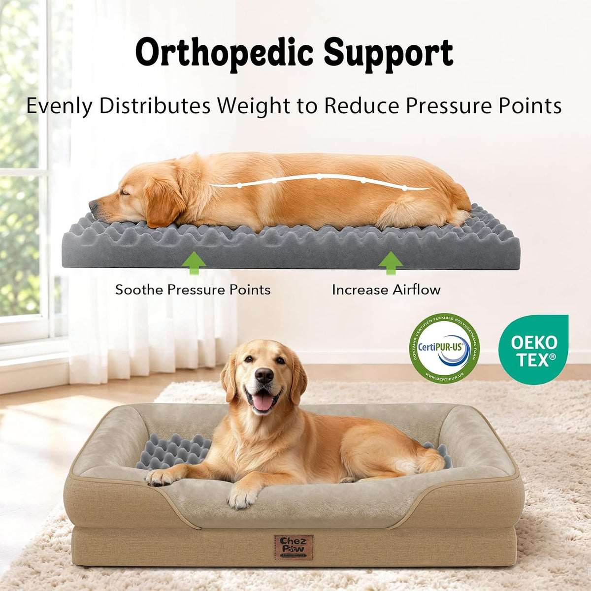 Waterproof Orthopedic Dog Bed for Large and Extra Large Dogs – Essentials for Dogs - Light brown / 42"L x 30"W x 7.5"Th - image 2
