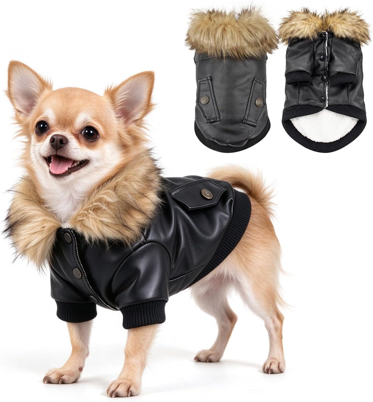 LESYPET Dog Leather Jacket for Small Dogs - Small / Black