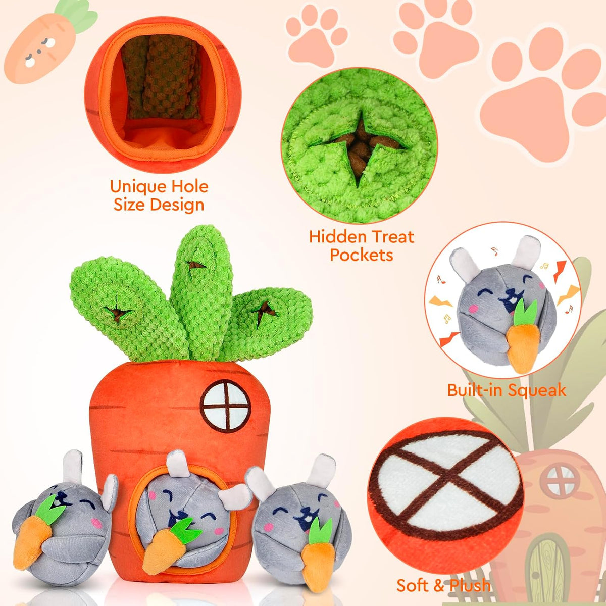 Hide and Seek Squeaky Dog Plush Toy Carrot and Bunny Set - rabbit - image 3