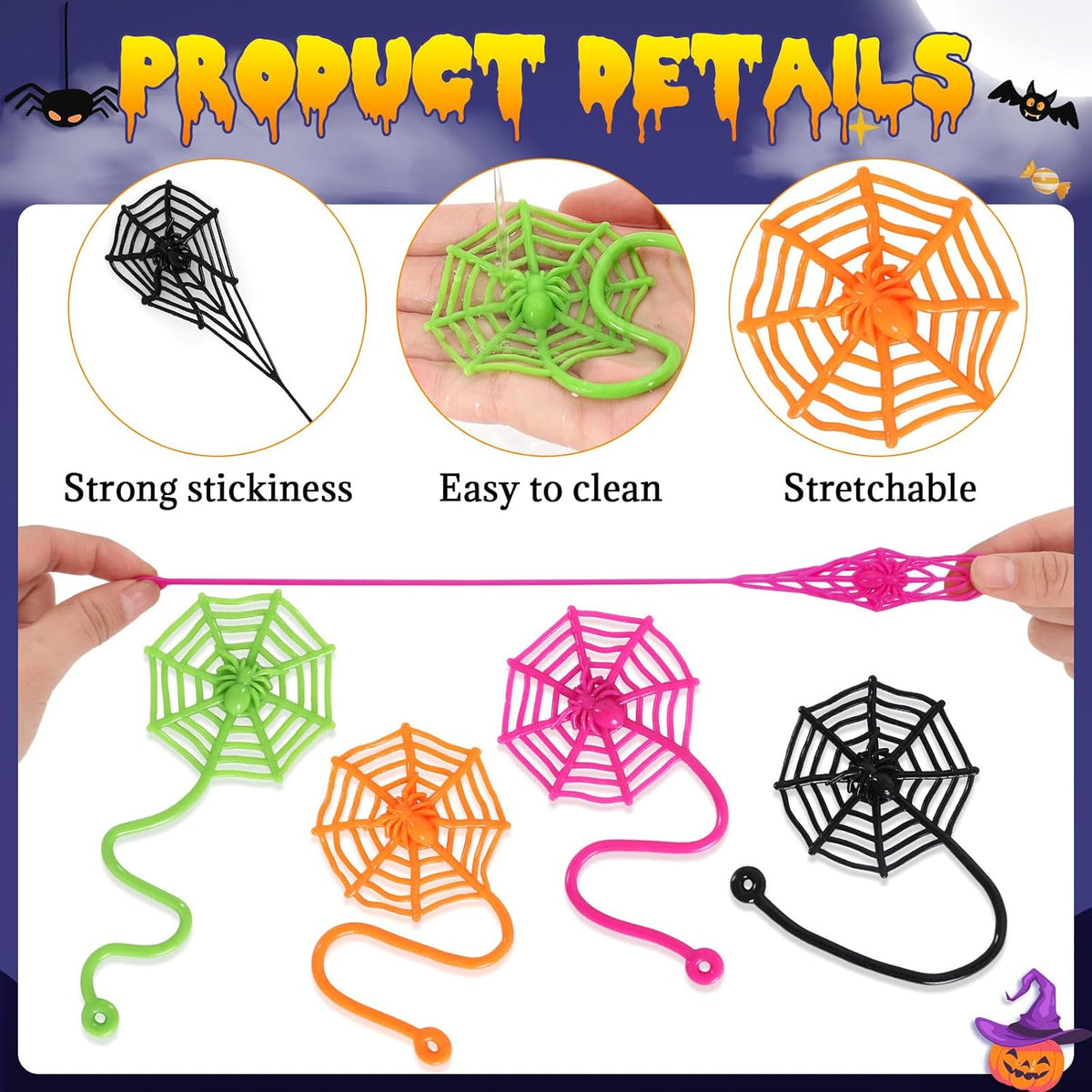VICROIC sticky spider web toys, 24 rubber cobwebs in 4 colors - view 3