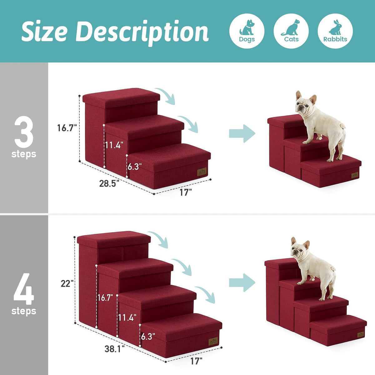 COZY KISS Dog Stairs with Storage, 16.7" H Wider Dog Steps - Burgundy / 4 / 38.1x17x22 inch - image 3