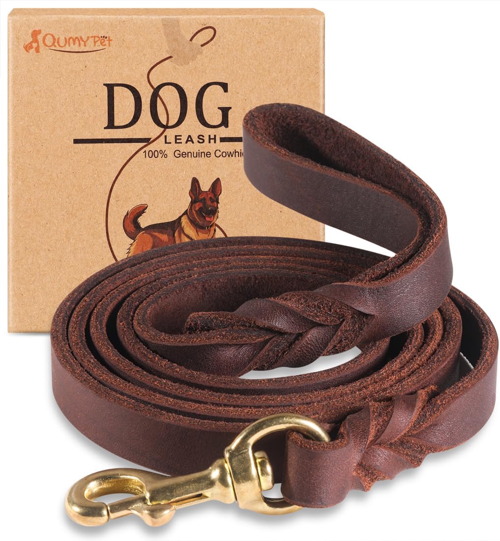 QUMY 6ft Leather Dog Leash for Large Medium Dogs Heavy Duty Training - 4FT