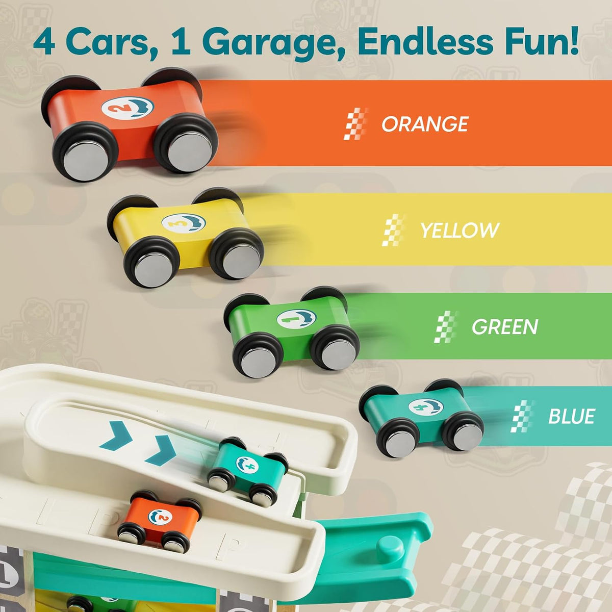 TOP BRIGHT wooden toddler car ramp race track with rooftop parking lot and 4 colorful cars - view 8