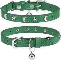Leather Cat Collar, Breakaway Kitten Collars with Bell, Black – Essentials for Small Pets - Green_Star & Moon / 8"-12" Cats / Mini Dogs(Pack of 1)