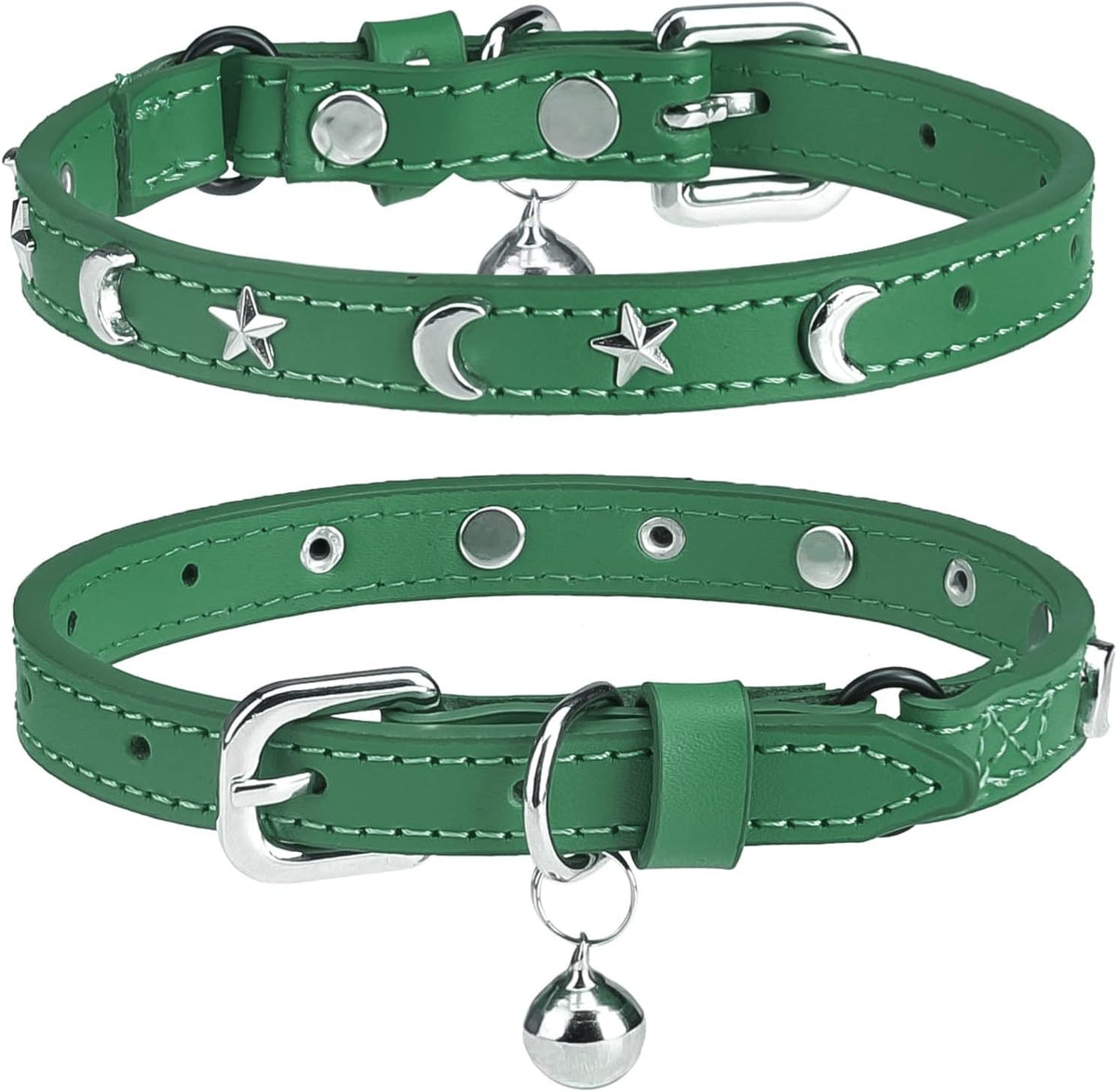 Leather Cat Collar, Breakaway Kitten Collars with Bell, Black – Essentials for Small Pets - Green_Star & Moon / 8"-12" Cats / Mini Dogs(Pack of 1)